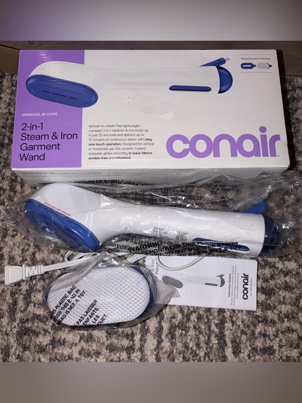 Conair 2-in-1 Steam & Iron Garment Wand - White & Blue - Brand New